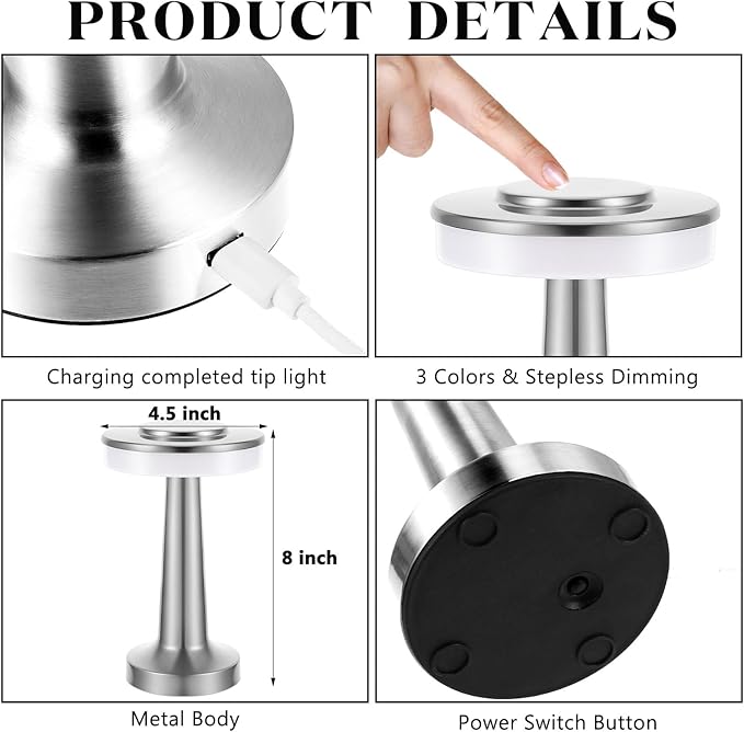 Riakrum 12 Pcs Sliver LED Portable Cordless Table Lamp Bulk with Touch Sensor 3 Color Stepless Dimming Rechargeable Battery up to 15 Hours Cordless Table Light Wireless Lamp Wedding Home