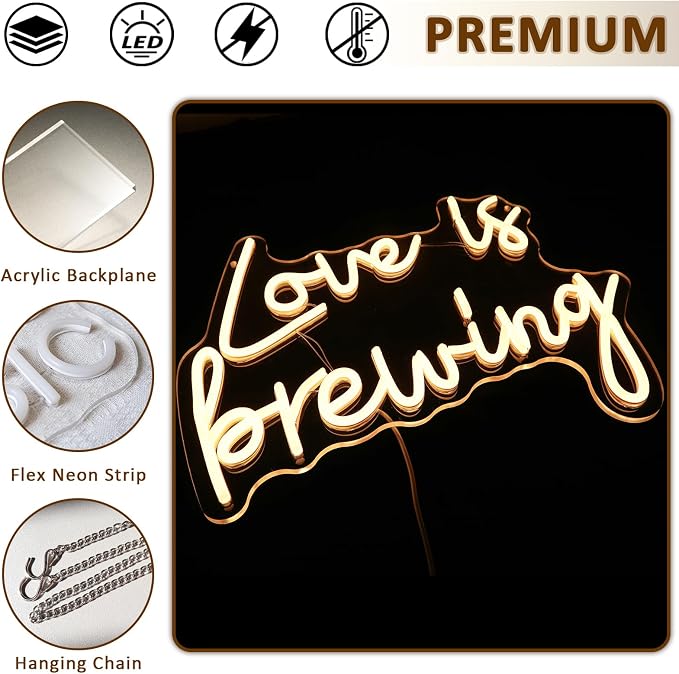 Love Is Brewing Neon Sign for Wall Decor, 15.75 x 12.2" Warm White Led Signs for Bridal Shower, USB Dimmable Neon Lights for Bedroom Home Coffee Themed Bar Wedding Engagement Party