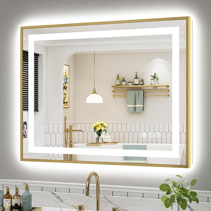 40x32 Inch LED Bathroom Mirror with Gold Frame, Backlit & Front Lit | Anti-fog, 3 Color Dimmable, Memory Function, HD Reflection Tempered Glass, ETL Listed, IP54 Waterproof
