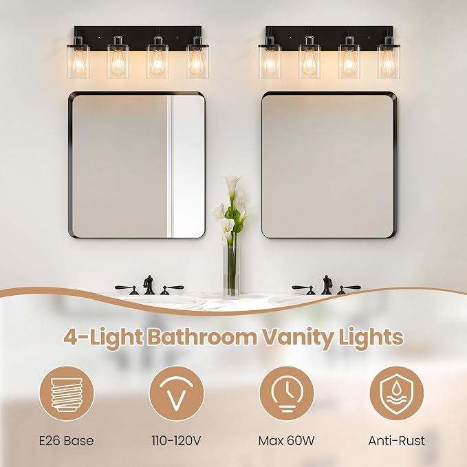 4-Light Bathroom Light Fixtures, Black Bathroom Lighting Fixtures Over Mirror with Clear Glass Square Shade, Modern Vanity Lights for Bathroom, Living Room, Hallway, Cabinet