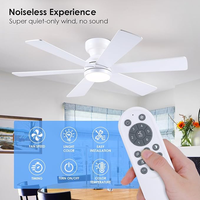 Asyko 46"White 6-Blade Modern Low Profile Ceiling Fan with Light and Remote | 6 Double-Sided Blades,6 Wind Speeds, Reversible,Dimmable 3 CCT LED Light, 25W Quiet DC Motor,1/2H Timer,for Bedroom Kitchen