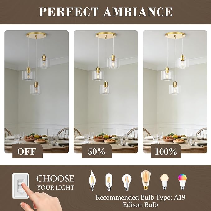 Brushed Gold Dining Room Chandelier Light Fixture, 3-Light Pendant Lighting with Clear Glass, Modern Kitchen Island Cluster Hanging Pendant Lights for Kitchen Dining Room, OS-YQ8153-3BGC