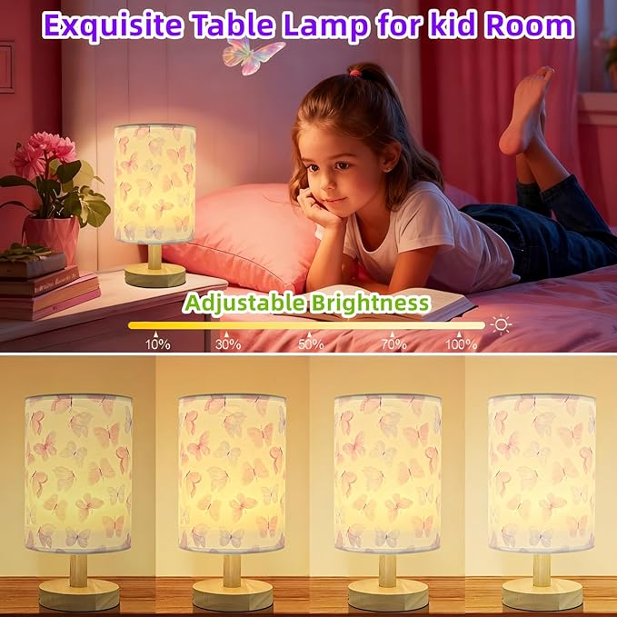 Butterfly Kids Table Lamp for Bedroom Kids Bedside Lamps 3 Colors Dimmable Nightstand Night Light with Cartoon Flaxen Fabric Shade Desk Lamp for Girls Boys Room Nursery Decor,Butterfly Gifts for Girls