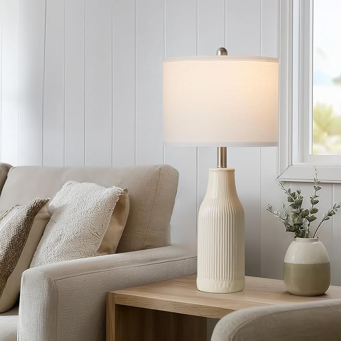 24.5" Modern Ceramic Table Lamp for Nightstand, Farmhouse Bedside Lamp for Bedroom, Small Table Lamp for Living Room End Table, Beige (1 Pack)