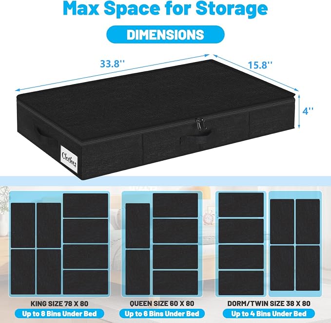 Under Bed Storage Container Bins 2 Pack, 4 Inch Thin Low Profile Underbed Clothes Storage Organizer for Dorm & Home, Use for Blanket and Toy Storage Box W/ Sturdy Bottom/Sides, Foldable Thick Fabric