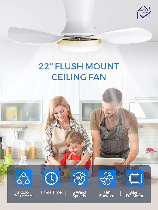 LANMEL Metal Ceiling Fan with Lights and Remote, 22 Inch, Gold & White | Modern Low Profile Flush Mount, Reversible, 3CCT Dimmable, Quiet, LED, For Bedroom, Living Room, Indoor/Outdoor Patio Use