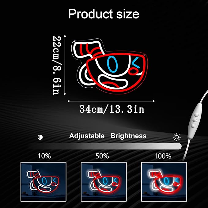 Cuphead Anime Neon Signs for Wall Decor,Dimmable Figure Mugman Game Sign,USB Powered Neon Light Signs for Man Cave Kids Room Bedroom Bar Birthday Gifts(13.4 * 8.7in)