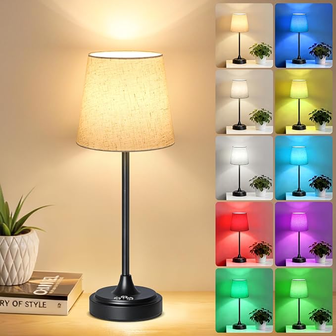 Wowag Cordless Table Lamp Rechargeable,5000mAh Battery Operated Desk Lamp,3 Colors & 7 RGB Stepless Dimmable,Touch Ambient Light for Bedside,Bedroom,Dining Room,Living Room,Black,FlaxenShade