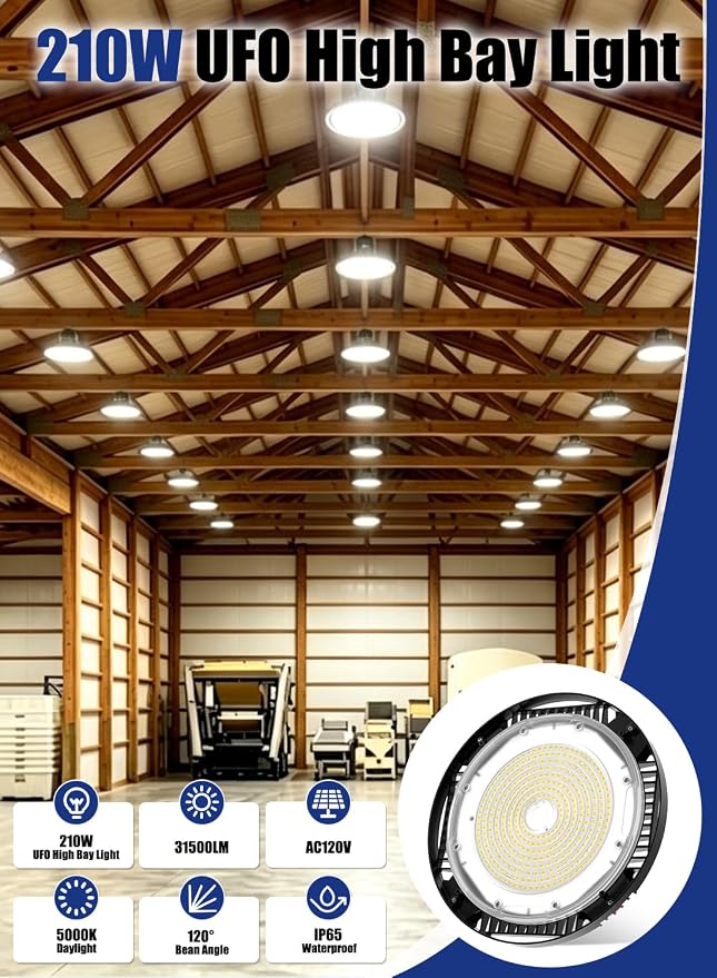 210W UFO LED High Bay Light, 31500LM Shop Lights, 5000K Daylight, ETL Listed with 6' Cable & Safety Rope, IP65 Waterproof Commercial Lighting for Warehouse, Workshop, 980W MH/HPS Equivalent, 4 Pack
