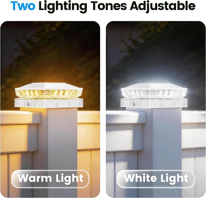 Solar Post Cap Lights 2 Pack, Post Lights for 4x4 Wood/Vinyl Posts | 3.5x3.5/4x4 Fence Post Solar Lights, IP65 Waterproof, 10-12H Upgraded Warm/Cool White Glow for Garden/Patio/Porch - White