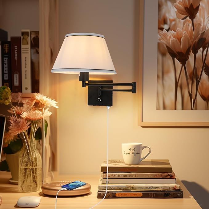 Swing Arm Wall Lamp,17”Wall Sconce Plug in with Type-C and USB Port,Dimmable Switch,Bedroom Wall Light Fixtures,Bedside Reading Lamp,White Shade Black Finish.