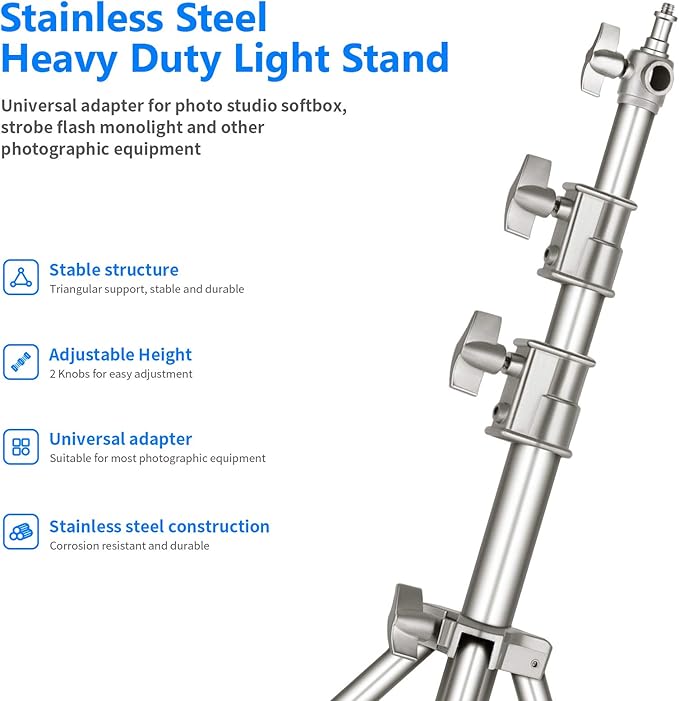 NEEWER 118"/3m Stainless Steel Light Stand, Spring Cushioned Heavy Duty Photography Tripod with 1/4" to 3/8" Universal Screw Adapter for Strobe, LED Video Light, Ringlight, Monolight, Softbox