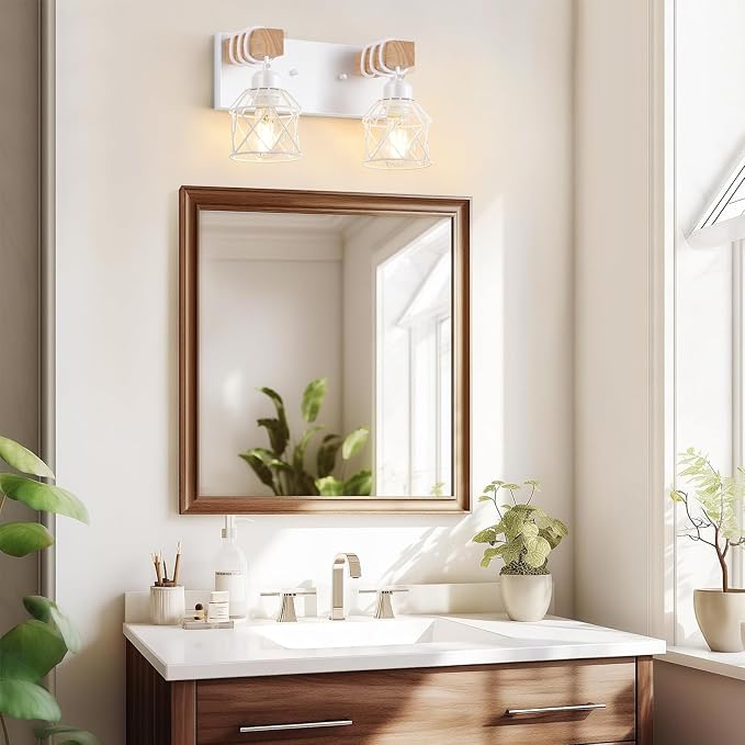 FadimiKoo 2-Light White Bathroom Light Fixtures, Wood Bathroom Vanity Lighting Fixtures Over Mirror, Rustic Sconces Wall Lighting with Elegant Metal Lampshade for Living Room, Bedroom, Hallway