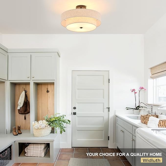 Modern Semi Flush Mount Ceiling Light 18" Modern 3-Lights Black Drum Ceiling Lighting Fixture with Linen Shade Vintage Ceiling Lamp for Kitchen, Basement, Laundry Room, Bedroom