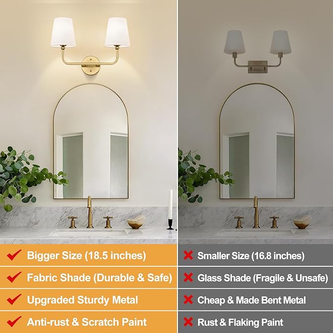Bathroom Light Fixtures, 2-Light Brushed Gold Vanity Lights, Bathroom Lighting Fixtures Over Mirror with Flared White Fabric Shade, Modern Wall Sconces for Living Room Hallway