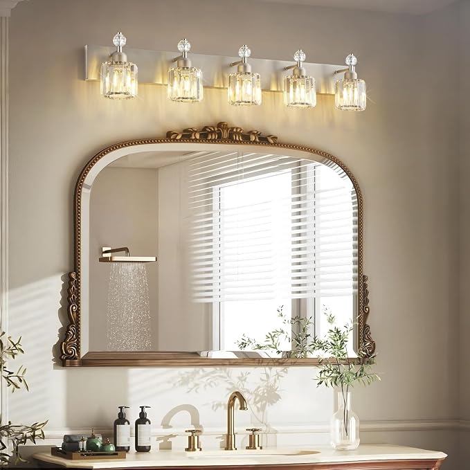 PRESDE Modern Crystal 5-Light Bathroom Light Fixtures Brushed Nickel Vanity Light for Bath Wall Lighting Over Mirror