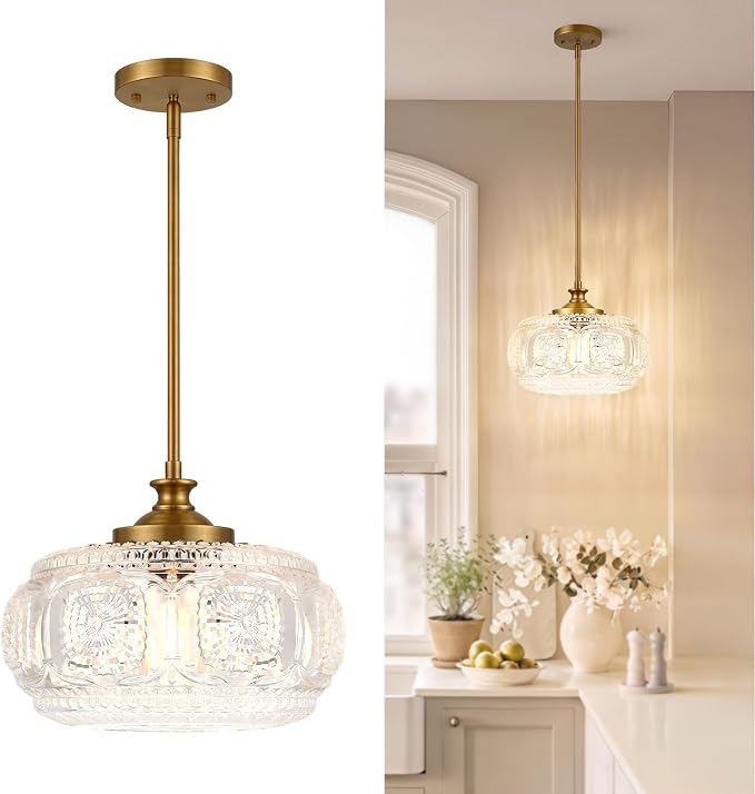 Large Gold Pendant Lights Kitchen Island, Flush Ceiling Light | 12 inch, Clear Glass Shade, Vintage Pendant Light, Adjustable Hanging Light for Kitchen Island Bedroom Hallway Bathroom