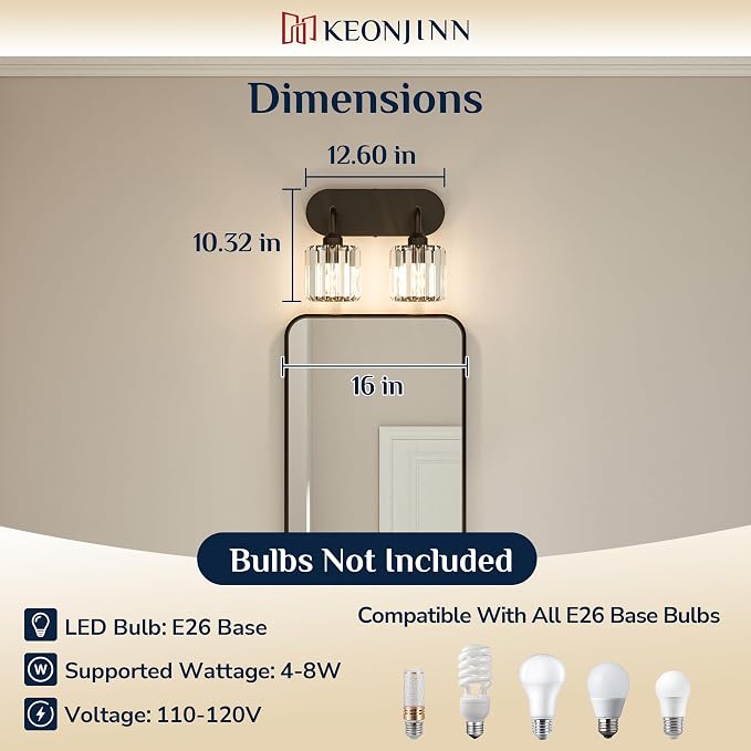Keonjinn 2-Light Bathroom Light Fixtures Over Mirror, Crystal Black | Bathroom Vanity Lighting Fixture with Crystal Square Shades, Dimmable, Compatible with E26 Base LED Bulbs (Exclude Bulb)