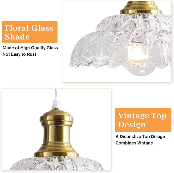 Antique Pendant Light, Gold Pendant Light with Flower Clear Glass Shade, Vintage Pendant Light Fixture for Kitchen Island, Dining Room, Bedroom, Living Room, Entryway, Hallway