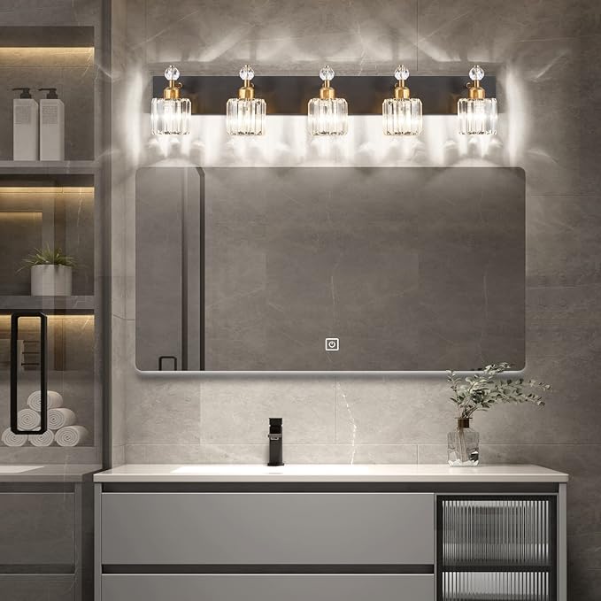 PRESDE 5-Light Crystal Bathroom Vanity Light, Modern Black and Gold Wall Sconce ， Wall Lamp for Over Mirror Bedroom Hallway