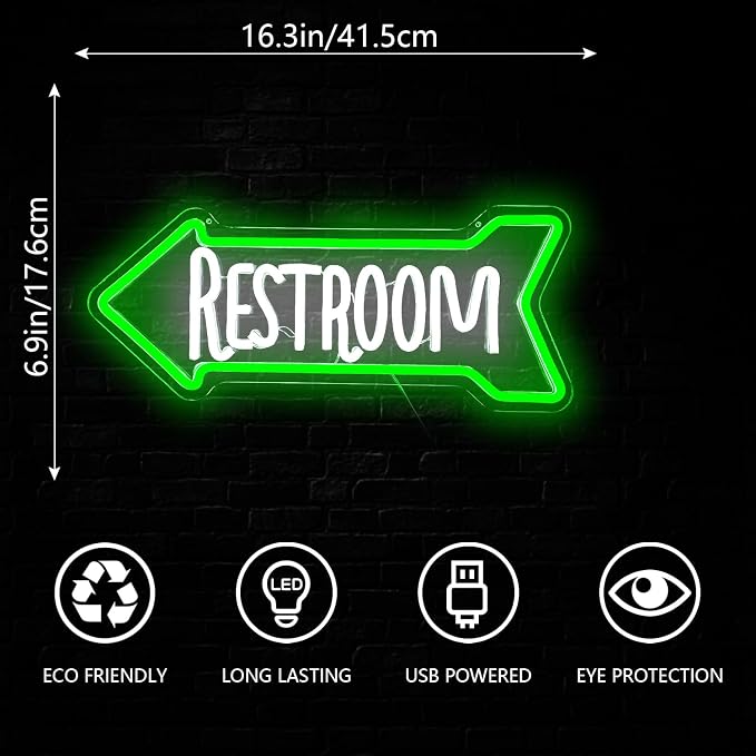 Restroom Neon Sign Toilet Neon Signs for Wall Decor Bathroom Led Light Sign for Home Hotel Business Pub Club Left Arrow Restroom Light Up Sign Decoration