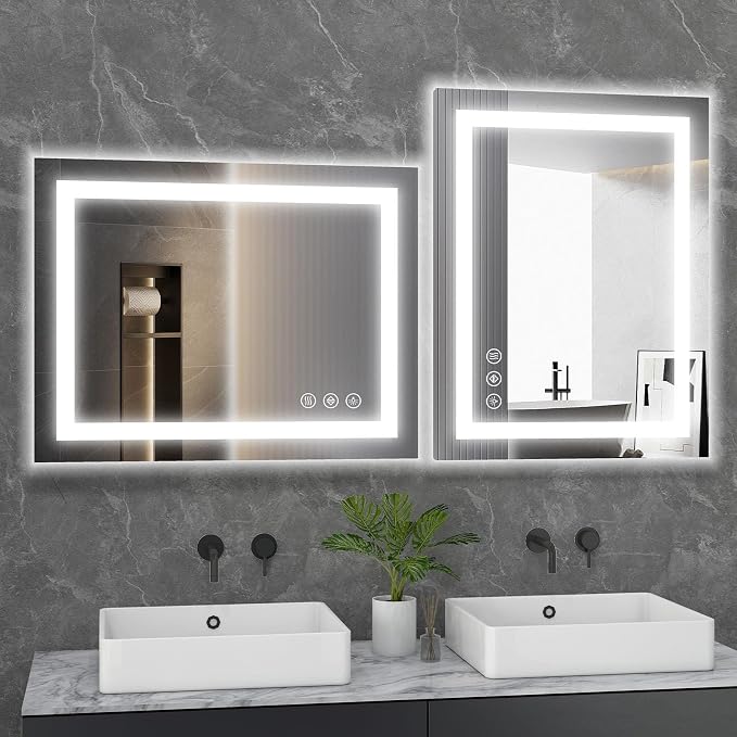 Sweetcrispy 28"x 36" Smart Anti-Fog LED Bathroom Mirror with Lights and Front Light & Backlit, 3 Color Temperatures, Dimmable, Memory Function, Rectangle Modern Vanity Mirror