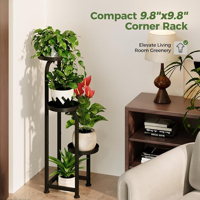 Bamworld Tall Plant Stand Indoor Outdoor Corner Metal Flower Pot Stands | 3 Tier Black Heavy Duty Plant Shelf for Patio Garden Balcony Living Room Bedroom(Patent Design)