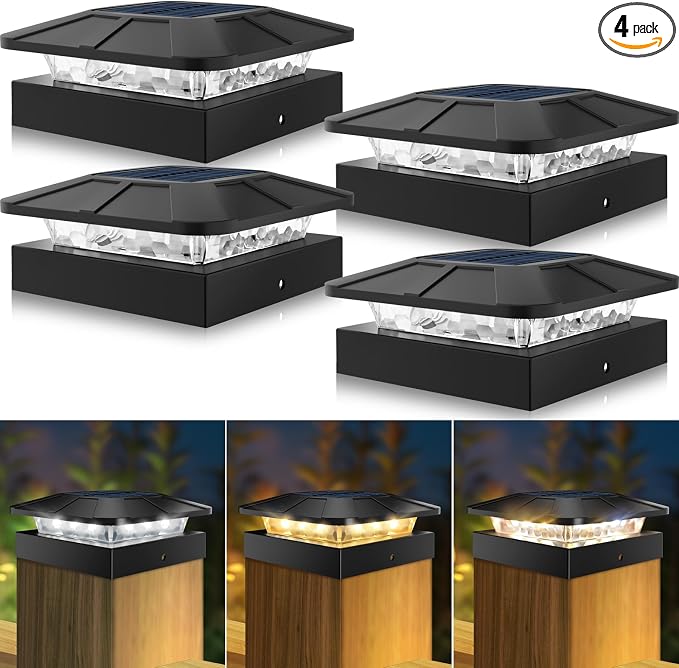 4 Packs 4x4 Solar Post Cap Lights Outdoor with 3 Modes | LED Post Light Solar Powered Waterproof, 4x4/3.5×3.5 Wood/Vinyl Fence Posts Lights for Deck Railing Porch Mailbox Outside