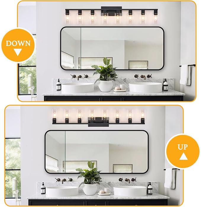 8 Light Bathroom Vanity Light Black Vanity Light Fixtures Bathroom Lights Fixtures Over Mirror Large Wall Lights with Clear Glass Shade for Bedroom Living Room Makeup