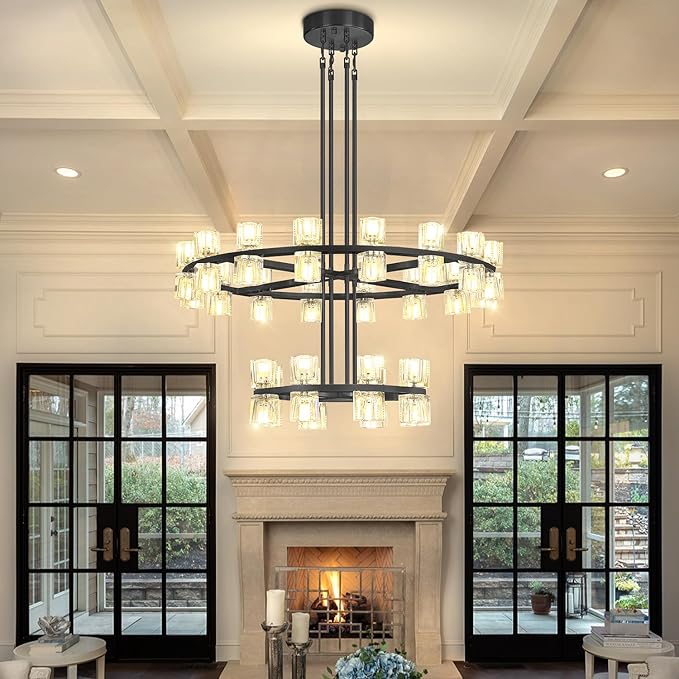 D16''+D32'' 2 Tier Black Wagon Wheel Chandelier, 48-Lights Farmhouse Pendant Light Fixture, Round Rustic Hanging Lighting for Dining Room Kitchen Island Foyer Entryway