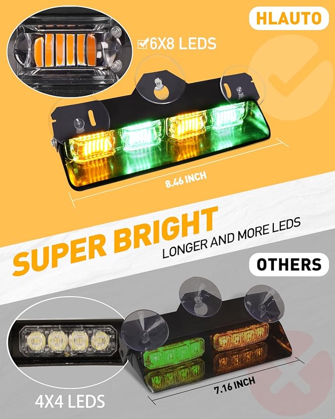 HLauto 2002L Emergency Dash Strobe Lights: Amber Green Safety Lights, Flashing Warning Hazard Windshield Visor Traffic Light Bars for Trucks, Construction Vehicles (2x8.5 inch, 48LED)