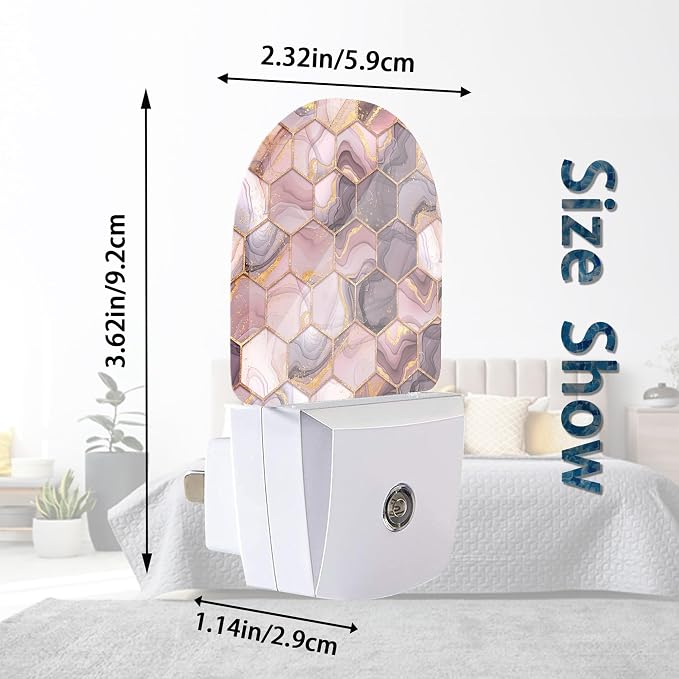 Pink Flow Marble Ink Hexagons Night Lights Plug into Wall for Girls Boys Room,Night Light LED Lamp Dusk to Dawn Sensor Round Lamp for Bedroom Bathroom Hallway Home Wall Decor
