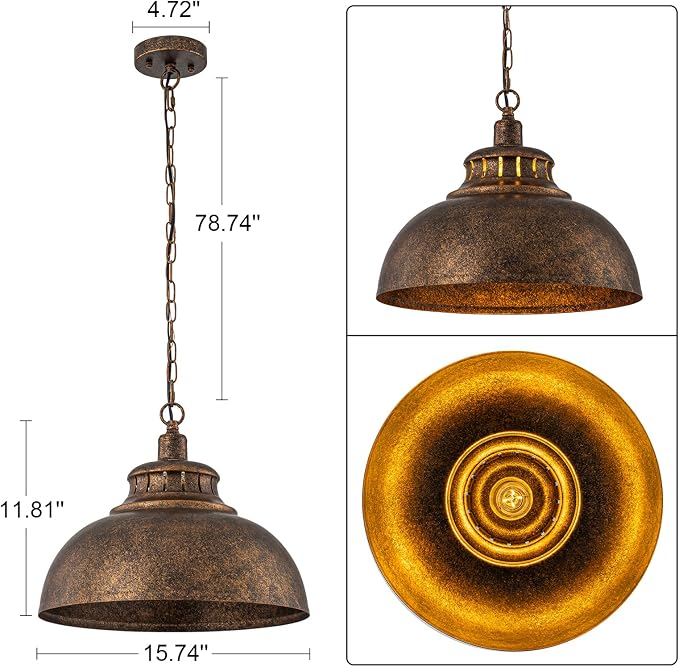 Lingkai Industrial Barn Pendant Lights,15.74" Farmhouse Hanging Light Fixtures with Adjustable Chain, Rustic Dome Pendant Lighting for Kitchen Island, Dining Room, Living Room, Hallway