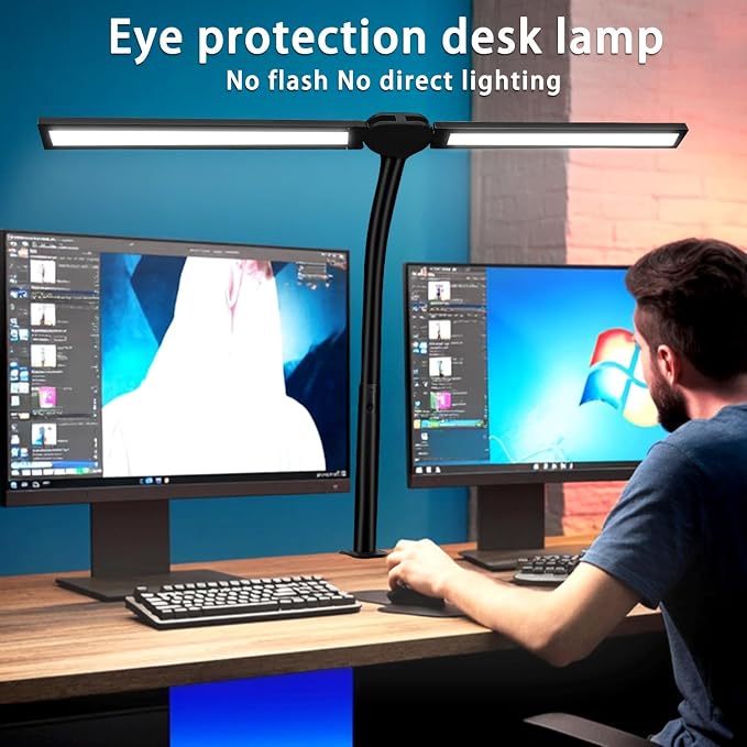Double Head LED Desk Lamp for Office - Eye Caring Lamp with Clamp | Flexible Adjustable Lighting Gooseneck Desk Light, 4 Color Modes & 5 Brightness Levels for Monitor Workbench Study