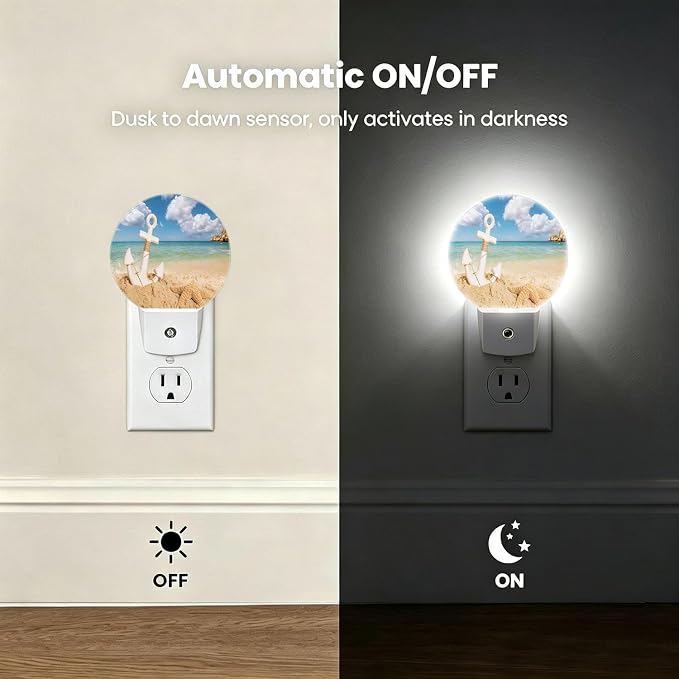 LED Night Light Summer Beach Night Lights Plug into Wall Auto on/off | Sea Wave Anchor Starfish on Sand Plug-in Night Light with Dusk to Dawn Sensor, Energy Saving Nightlight for Hallway Kitchen