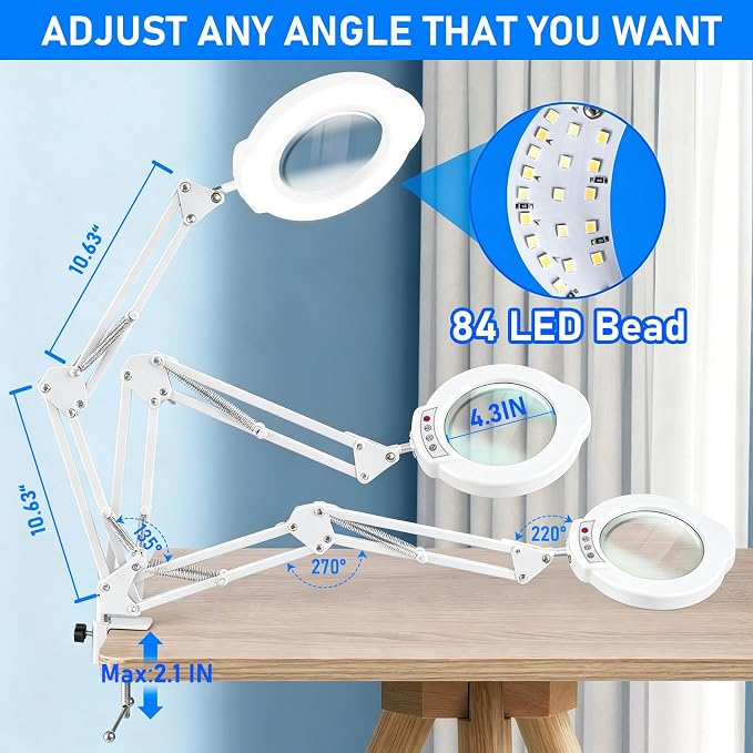 White 10X Magnifying Glass with Light and Stand, LED Desk Lamp with Base and Clamp, 5 Color Mode, 10 Dimmable Levels, Hands Free for Reading Crafts Jewelry Sewing Close Work