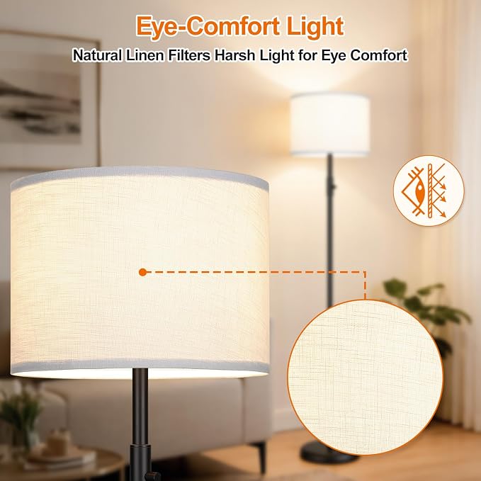【Upgraded】 Dimmable Floor Lamp, Modern Floor Lamps Simple Design with White Shade for Living Room, Tall Standing Lamp for Bedroom Office Dining Room, Black Pole Lamp