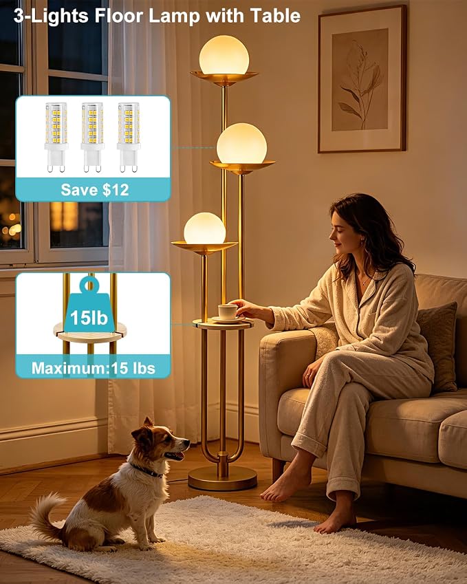 Lightdot Globe Floor Lamp with Table 3-Lights Modern Dimmable Floor Lamps for Wedding/Party, 3000K Warm White Bulbs Included, Gold Tall Standing Lamp for Living Room/Bedroom/Sofa Beside/Corner Decor