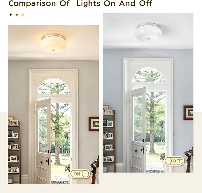2-Light Brushed Nickel Ceiling Light,11.02in Milky White Glass Shade | Mid-Century Modern Metal Base, E26 Ceramic socket, Hallway, Kitchen, Bedroom, Bulb Not Included
