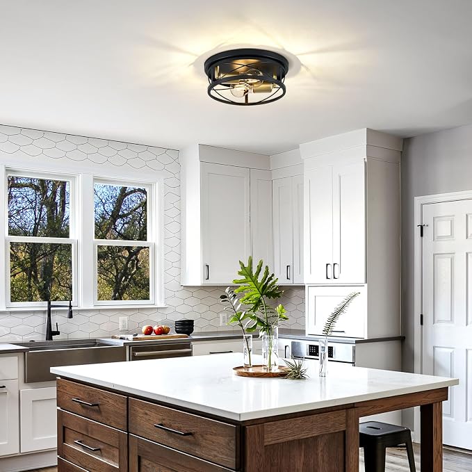 Farmhouse Lights,Black and Gold Industrial Flush Mount Ceiling Light, Ceiling Lamp Farmhouse Lighting Fixture for Hallway, Bedroom, Kitchen, Entrance, 2-Light