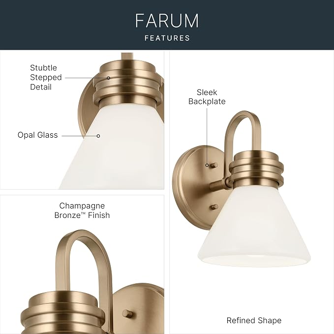 Kichler Farum 9.5 Inch 1 Light Wall Sconce with Opal Glass in Champagne Bronze, for Fireplace, Kitchen, Bedroom, Hallway, or Vanity, (7.25" W x 9.5" H), 55153CPZ