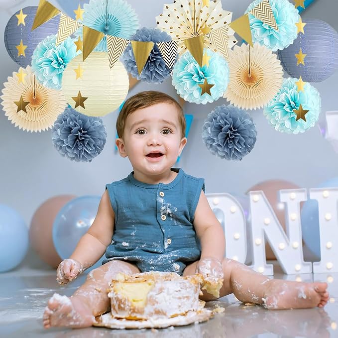 Dusty Blue Party Decorations Boho Beige Light Dusty Blue and Gold Party Decorations Paper Lanterns Poms Fans Champagne Gold for Birthday Baby Shower Boy Bridal Shower Wedding Engagement Graduation