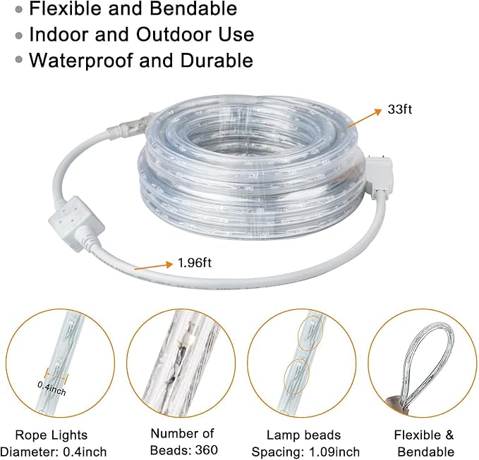 LED Rope Lights Outdoor Warm White, Waterproof 33FT Cuttable 3000K Soft Lighting Indoor 110V Flexible Clear Tube for Bedroom Outside Garden Deck Patio Camping Decor, Not Flat Strip