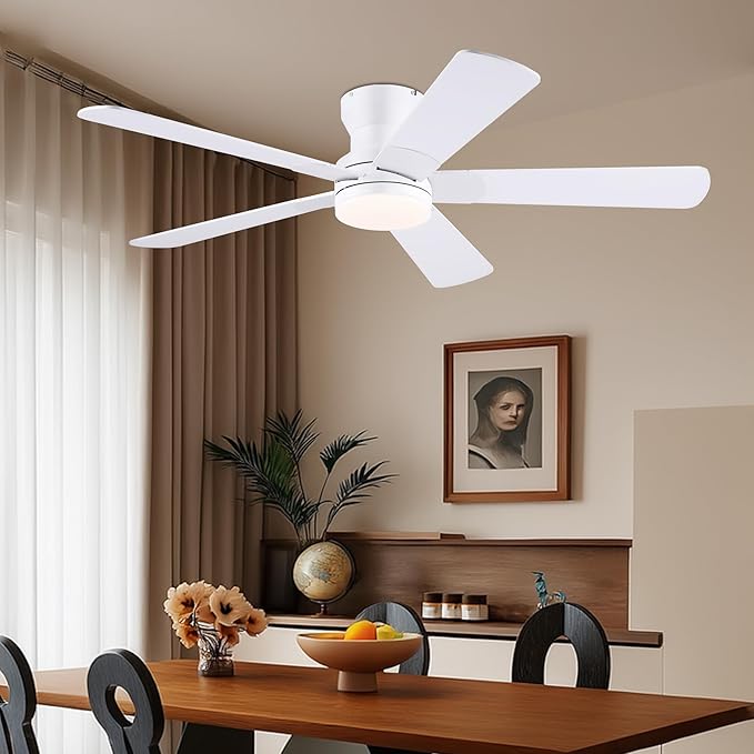 52" White Ceiling Fans with Lights and Remote/APP - Flush Mount Low Profile Ceiling Fan with 5 Reversible Dual-Sided Blades, Dimmable, 1/2/4H Timer, Modern Indoor Fan Light for Kitchen, Bedroom