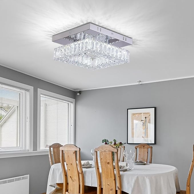 Dimmable Crystal Chandelier LED Ceiling Light with Remote Flush Mount Small Chandelier for Hallway Foyer Kitchen Stair Closet,3 Colors Adjustable