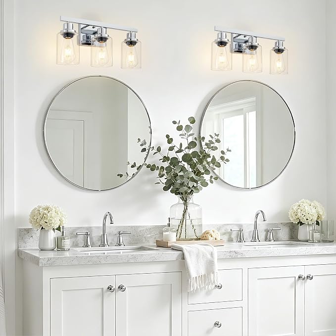 3 Light Bathroom Light Fixtures,17" Polished Chrome Vanity Lights | Modern Vanity Lights over Mirror with Clear Glassshades,Farmhouse Bathroom Wall Sconece over Sink,E26 Base