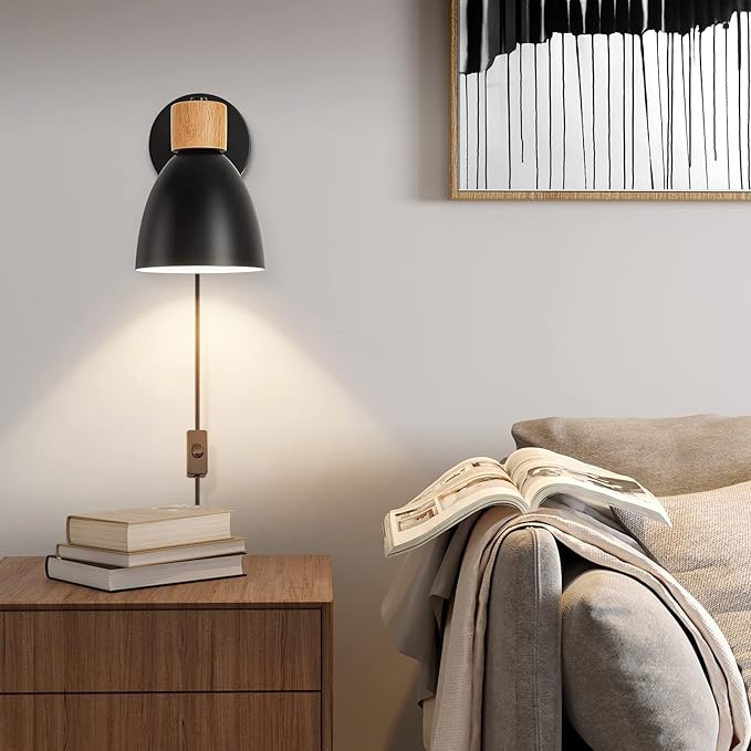 Wall Sconces Plug in, Swing Arm Wall Lamp with Power Cord, Black Plug in Wall Lighting Fixtures Set of Two, Bedside Wall Mounted Reading Lamp with Switch, for Bedside Bedroom Hallway