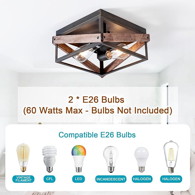 MAYNA 2-Light Rustic Ceiling Light Fixture, Farmhouse Flush Mount Ceiling Light, Metal and Wood Square Ceiling Lamp for Hallway Living Room Farmhouse, Antique Bronze Finish