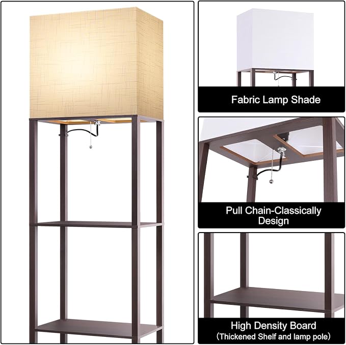 Plus - Floor Lamp with Shelves, Wide Shelf Lamp, Shelf Floor Lamp with 15W LED Bulb, 3 Colors Temperature, Memory Function, Large Display Storage, Standing Lamps for Living Room, Bedroom, Wood