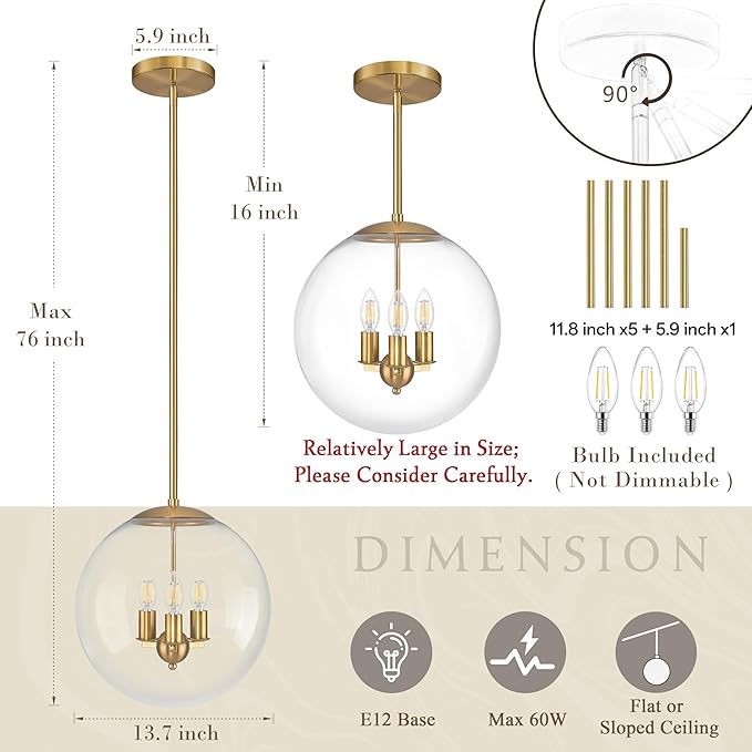 14" Globe Pendant Light Contemporary Globe Pendant Lights Kitchen Island 3 Light Gold Mid Century Pendant Light Clear Glass with Brass Finish Adjustable Hanging Light Fixture for Dining Room